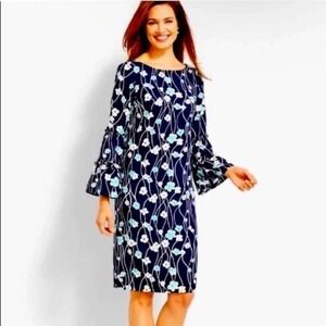 Talbots Floral Blossom Shift Dress Bell Sleeve Career Casual Navy Blue Size 6